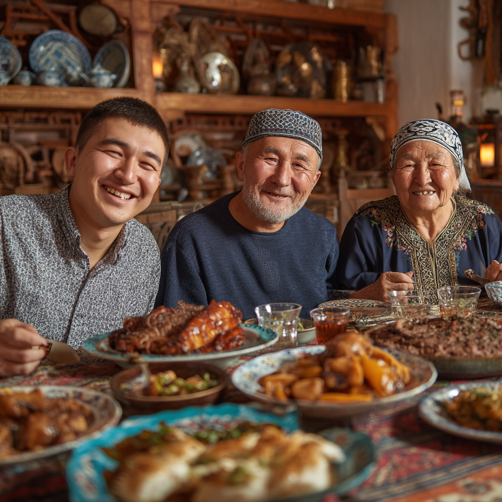 Tashkentlik oila a'zolari muvozanatli ovqat tayyorlayotgan va tabassumli