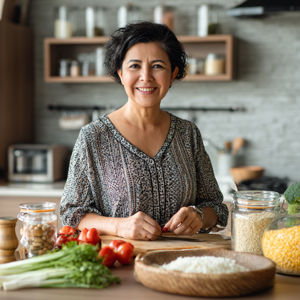 O'zbekistonlik ayol salomatli ovqat bilan stol yonida tabassum qilmoqda